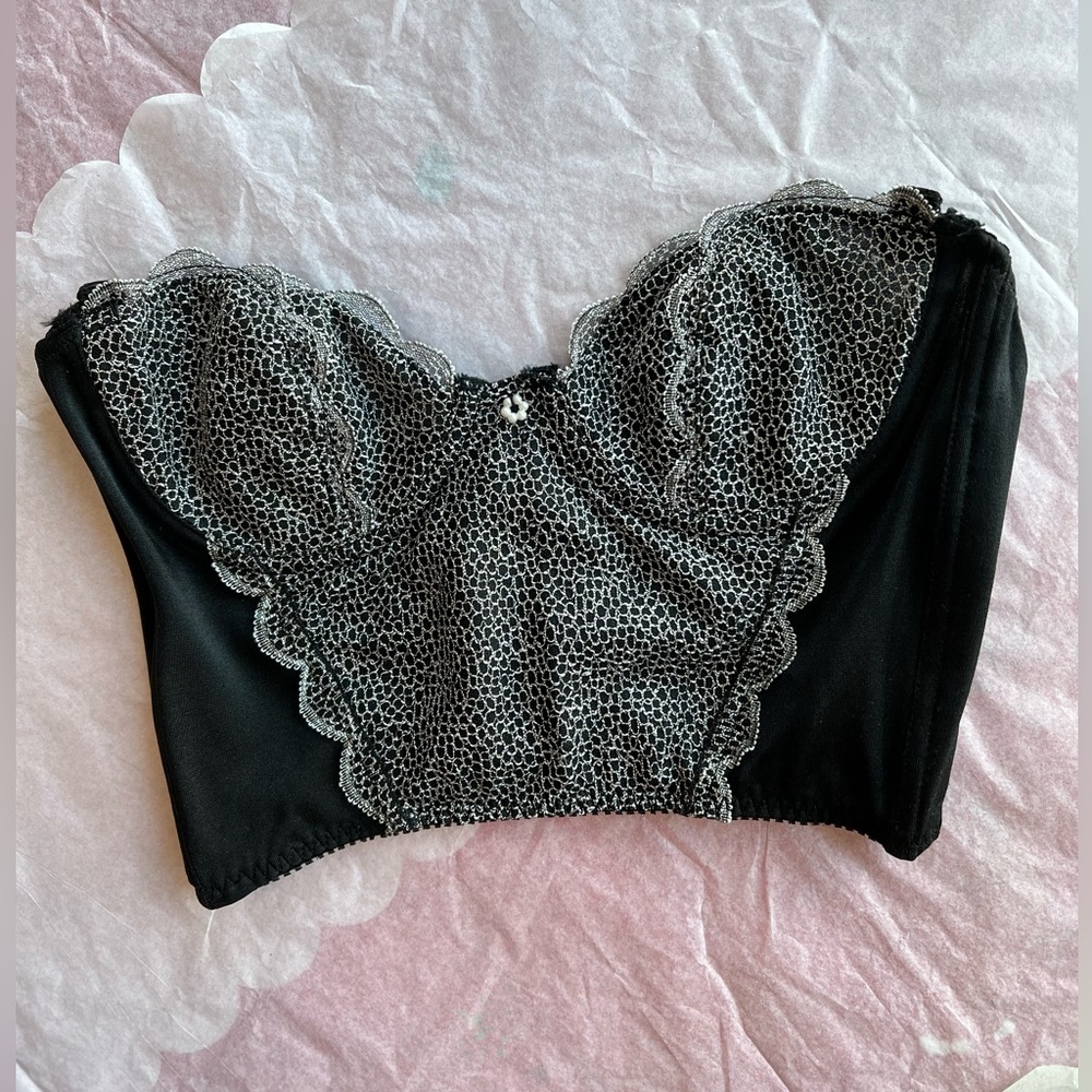 EUC VTG 90s bustier silver black lace 34A longline bra underwire
